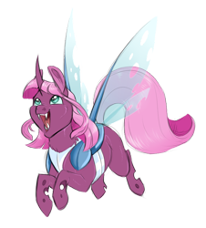 Size: 600x664 | Tagged: safe, artist:vindhov, oc, oc only, parent:pinkie pie, parent:queen chrysalis, parents:pinkiesalis, species:changepony, species:pony, female, flying, hybrid, interspecies offspring, magical lesbian spawn, mare, offspring, open mouth, simple background, solo, transparent background