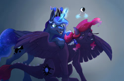 Size: 1024x670 | Tagged: safe, artist:vindhov, character:princess luna, oc, oc:noctis, parent:princess luna, parent:spike, parents:spiluna, species:alicorn, species:dracony, species:pony, duo, ethereal mane, eyes closed, female, galaxy mane, gray background, hybrid, interspecies offspring, jewelry, magic, mare, offspring, simple background, spread wings, telekinesis, tiara, wings