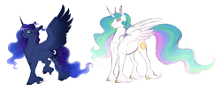 Size: 3565x1456 | Tagged: safe, artist:vindhov, character:princess celestia, character:princess luna, species:alicorn, species:pony, colored hooves, duo, ethereal mane, fangs, female, galaxy mane, hoof fluff, long feather, mare, royal sisters, simple background, sisters, spread wings, transparent background, unshorn fetlocks, wings