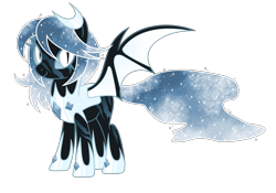 Size: 4609x3223 | Tagged: safe, artist:magicdarkart, oc, oc only, oc:winter's night, species:bat pony, species:pony, armor, bat pony oc, blank flank, boots, colored sclera, crescent moon, ethereal mane, eye scar, female, galaxy mane, hairpin, hoof shoes, mare, moon, scar, shoes, simple background, solo, transparent background