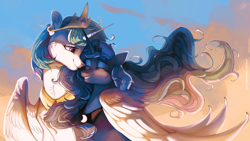 Size: 3840x2160 | Tagged: safe, artist:orfartina, character:princess celestia, character:princess luna, species:alicorn, species:pony, beautiful, cheek fluff, crown, cute, duo, ear fluff, eyes closed, female, jewelry, mare, neck fluff, pretty, profile, regalia, royal sisters, siblings, sisterly love, sisters, smiling, wallpaper, wing fluff