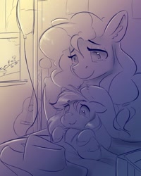 Size: 960x1200 | Tagged: safe, artist:ardail, character:applejack, character:pear butter, species:earth pony, species:pony, bed, bedroom, blanket, clothing, cowboy hat, cute, duo, duo female, ear fluff, feels, female, filly, grayscale, guitar, hat, hug, mare, monochrome, mother and daughter, petting, sketch, stetson, window