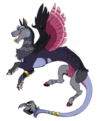Size: 3373x4044 | Tagged: safe, artist:vindhov, oc, oc only, parent:ahuizotl, parent:discord, species:draconequus, bracelet, colored hooves, commission, crack ship offspring, draconequus oc, ear piercing, earring, interspecies offspring, jewelry, lip ring, magical gay spawn, male, offspring, piercing, simple background, solo, tail hand, tail ring, transparent background