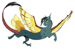 Size: 849x559 | Tagged: safe, artist:vindhov, oc, oc only, parent:discord, parent:lightning dust, species:draconequus, colored sclera, commission, crack ship offspring, draconequus oc, interspecies offspring, offspring, simple background, solo, spread wings, tail feathers, transparent background, wings, yellow eyes