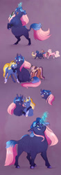 Size: 600x1698 | Tagged: safe, artist:vindhov, oc, oc only, oc:love letter, oc:marigold twinkle, oc:moxie fizzlepop, parent:prince rutherford, parent:starlight glimmer, parent:sunburst, parent:tempest shadow, parent:trixie, parent:twilight sparkle, parents:tempestrix, parents:twiburst, parents:twiford, species:pony, species:unicorn, bracelet, colored hooves, female, friendship, glowing horn, hybrid, interspecies offspring, jewelry, long description, magic, magical lesbian spawn, mare, microphone, missing cutie mark, next generation, offspring, purple background, realistic horse legs, rearing, simple background, singer, singing, snip (coat marking), socks (coat marking), telekinesis, yakony