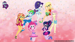 Size: 1920x1080 | Tagged: safe, artist:charliexe, character:applejack, character:fluttershy, character:pinkie pie, character:rainbow dash, character:rarity, character:sunset shimmer, character:twilight sparkle, character:twilight sparkle (scitwi), species:eqg human, equestria girls:spring breakdown, g4, my little pony: equestria girls, my little pony:equestria girls, spoiler:eqg series (season 2), armpits, belly button, clothing, cute, dashabetes, diapinkes, equestria girls logo, feet, female, freckles, geode of empathy, geode of fauna, geode of shielding, geode of super speed, geode of super strength, geode of telekinesis, glasses, heart shaped glasses, humane five, humane seven, humane six, jackabetes, legs, magical geodes, midriff, one eye closed, ponytail, raribetes, sandals, schrödinger's pantsu, shimmerbetes, shorts, shyabetes, skirt, skirt pull, sleeveless, smiling, the undisputed era, tongue out, twiabetes, wallpaper, wink