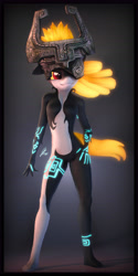 Size: 3600x7200 | Tagged: safe, artist:imafutureguitarhero, species:anthro, species:plantigrade anthro, 3d, absurd resolution, anthrofied, arm fluff, barely pony related, body fluff, border, breast fluff, breasts, chromatic aberration, colored sclera, contrapposto, crossover, ear fluff, fangs, featureless breasts, featureless crotch, female, film grain, floppy ears, fluffy, fur, fused shadow, glow, glowing hair, gradient background, grin, hand on thigh, helmet, leg fluff, legend of zelda: twilight princess, midna, nose fluff, nose wrinkle, signature, smiling, smirk, solo, source filmmaker, the legend of zelda, the legend of zelda: twilight princess, vertical, windswept hair, windswept tail
