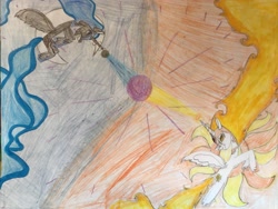 Size: 3264x2448 | Tagged: safe, artist:rainbow dash is best pony, character:daybreaker, character:nightmare moon, character:princess celestia, character:princess luna, species:pony, blue eyes, colored pencil drawing, day, duo, fight, helmet, hoof shoes, magic, marker drawing, moon, night, no eyeshadow, orange eyes, pencil drawing, ruby, sun, traditional art