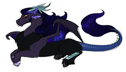 Size: 952x547 | Tagged: safe, artist:vindhov, oc, oc only, parent:discord, parent:princess luna, parents:lunacord, species:draconequus, antlers, colored sclera, commission, draconequus oc, ethereal eyebrows, hybrid, interspecies offspring, male, offspring, prone, red eyes, sideburns, simple background, solo, starry eyebrows, starry wings, white background, yellow sclera