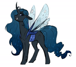 Size: 2232x1963 | Tagged: safe, artist:vindhov, oc, oc only, parent:princess luna, parent:queen chrysalis, parents:chrysaluna, species:changepony, species:pony, commission, ethereal mane, fangs, female, galaxy mane, hybrid, interspecies offspring, magical lesbian spawn, mare, offspring, simple background, solo, white background