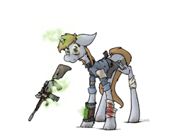 Size: 1024x768 | Tagged: safe, artist:sinrar, oc, oc only, oc:littlepip, species:pony, species:unicorn, fallout equestria, assault rifle, bandage, blood, clothing, cutie mark, fanfic, fanfic art, female, floppy ears, glowing horn, gun, hooves, horn, levitation, magic, mare, optical sight, pipbuck, rifle, simple background, solo, telekinesis, vault suit, weapon, white background