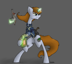 Size: 1152x1024 | Tagged: safe, artist:sinrar, oc, oc only, oc:littlepip, species:pony, species:unicorn, fallout equestria, bandage, clothing, cutie mark, fanfic, fanfic art, female, glowing horn, grayscale, gun, handgun, hooves, horn, levitation, little macintosh, magic, mare, monochrome, optical sight, pipbuck, revolver, simple background, solo, telekinesis, vault suit, weapon