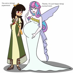 Size: 2000x2000 | Tagged: safe, artist:chelseawest, character:princess flurry heart, oc, oc:spring beauty, species:human, my little pony:equestria girls, adult, clothing, cosplay, costume, dialogue, duo, duo female, ezra vieil, female, multiple pregnancy, neo queen serenity, older, older flurry heart, pregnant, sailor moon, vandread
