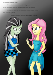 Size: 2894x4093 | Tagged: safe, artist:diaperednight, character:fluttershy, g4, my little pony: equestria girls, my little pony:equestria girls, clothing, crossover, dress, equestria girls-ified, female, frankenstein, frankie stein, meeting, monster high