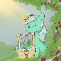 Size: 1400x1400 | Tagged: safe, artist:sinrar, character:lyra heartstrings, species:pony, species:unicorn, commission, cute, female, garden, lyrabetes, lyre, magic, musical instrument, solo