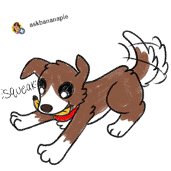 Size: 800x800 | Tagged: safe, artist:askwinonadog, character:winona, species:dog, ask, ask winona, askbananapie, banana, chewing, dog toy, eating, female, food, simple background, solo, squeak, squeaky toy, tail wag, tumblr, white background