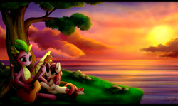 Size: 2435x1455 | Tagged: safe, artist:vird-gi, character:spike, character:sweetie belle, species:dragon, species:pony, species:unicorn, ship:spikebelle, acoustic guitar, blushing, cute, female, male, shipping, smiling, straight, sunset, tree, winged spike