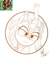 Size: 1074x1300 | Tagged: safe, artist:fuzon-s, character:cinder glow, character:summer flare, species:kirin, episode:sounds of silence, g4, my little pony: friendship is magic, bust, female, gradient lineart, head tilt, lineart, portrait, signature, sketch, solo, style emulation, yuji uekawa style