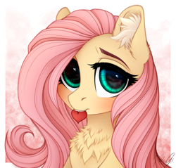 Size: 1980x1890 | Tagged: safe, artist:vird-gi, character:fluttershy, species:pegasus, species:pony, abstract background, blushing, bust, chest fluff, cute, ear fluff, female, fluffershy, heart, looking at you, mare, mouth hold, portrait, shyabetes, signature, solo, three quarter view