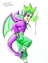 Size: 1024x1337 | Tagged: safe, artist:the1king, character:spike, species:dragon, species:human, clothing, fire, headphones, hoodie, humanized, male, solo, tail, winged spike, wings