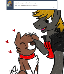Size: 800x928 | Tagged: safe, artist:askwinonadog, character:winona, oc, oc:lucian the vampire, species:dog, species:pony, ask, ask winona, duo, eyes closed, head pat, heart, male, pat, petting, simple background, stallion, tail wag, tumblr, vampony, white background