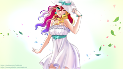 Size: 1920x1080 | Tagged: safe, artist:draltruist, character:sunset shimmer, species:human, bare shoulders, breasts, clothing, cute, dress, female, graceful, hat, humanized, looking at you, one eye closed, shimmerbetes, smiling, spring, sun hat, sundress, wallpaper, wink