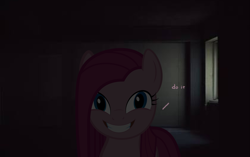 Size: 890x559 | Tagged: safe, artist:j5a4, edit, character:pinkamena diane pie, character:pinkie pie, species:pony, creepy, dark, dialogue, dialogue edit, do it, female, grin, looking at you, smiling, solo