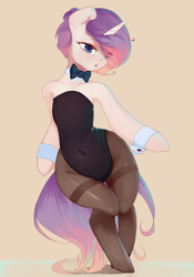 Size: 2096x3000 | Tagged: safe, artist:qweeli, oc, oc only, species:anthro, species:pony, species:unicorn, arm hooves, bow tie, bunny suit, clothing, cuffs (clothes), disproportional anatomy, leotard, pantyhose, solo, wide hips
