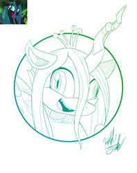 Size: 1028x1300 | Tagged: safe, artist:fuzon-s, character:queen chrysalis, species:changeling, episode:the beginning of the end, g4, my little pony: friendship is magic, bust, crazylis, crown, derp, faec, female, gradient lineart, insanity, jewelry, lineart, monochrome, open mouth, portrait, regalia, scene interpretation, signature, sketch, solo, style emulation, yuji uekawa style