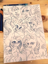 Size: 1536x2048 | Tagged: safe, artist:canvymamamoo, character:applejack, character:fluttershy, character:pinkie pie, character:rainbow dash, character:rarity, character:twilight sparkle, character:twilight sparkle (alicorn), species:alicorn, species:earth pony, species:pegasus, species:pony, species:unicorn, female, lineart, mane six, mare, traditional art