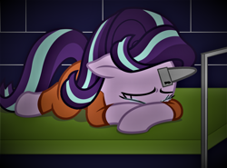 Size: 1772x1308 | Tagged: safe, artist:hendro107, artist:stephen-fisher, character:starlight glimmer, species:pony, species:unicorn, bed, crying, female, horn cap, jail, lying on bed, miserable, prison, prisoner, punish the villain, punishment, s5 starlight, sad, solo