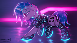 Size: 2880x1620 | Tagged: safe, artist:shad0w-galaxy, character:dj pon-3, character:vinyl scratch, species:pony, species:unicorn, augmented horn, clothing, cyberpunk, cyborg, ear piercing, female, frown, mare, neon, piercing, solo, sunglasses, walking