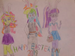 Size: 1024x768 | Tagged: safe, artist:brandonale, character:rainbow dash, character:sunset shimmer, character:twilight sparkle, character:twilight sparkle (scitwi), species:eqg human, my little pony:equestria girls, bunny ears, easter, holiday, lineart