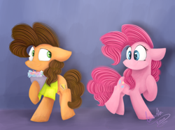 Size: 2732x2048 | Tagged: safe, artist:lavand3r-arts, artist:lynchristina, character:cheese sandwich, character:pinkie pie, species:earth pony, species:pony, ship:cheesepie, abstract background, bouquet, chibi, clothing, collaboration, female, floppy ears, hoof hold, hoof on chest, looking at each other, male, mare, shipping, shirt, sidemouth, smiling, stallion, straight, three quarter view