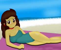Size: 2200x1804 | Tagged: safe, artist:danielitamlp, oc, oc only, oc:flower melody, my little pony:equestria girls, beach, beach towel, blushing, breasts, cleavage, clothing, equestria girls-ified, female, looking at you, lying down, ocean, one-piece swimsuit, smiling, solo, swimsuit