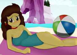Size: 1024x737 | Tagged: safe, alternate version, artist:danielitamlp, oc, oc only, oc:flower melody, my little pony:equestria girls, beach, beach ball, beach towel, blushing, breasts, cleavage, clothing, equestria girls-ified, female, looking at you, lying down, ocean, one-piece swimsuit, smiling, solo, swimsuit