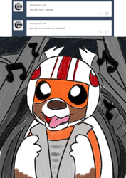 Size: 800x1133 | Tagged: safe, artist:askwinonadog, character:winona, species:dog, ask, ask winona, cockpit, crossover, female, helmet, music notes, solo, star wars, tongue out, tumblr, x-wing