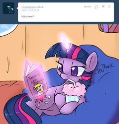 Size: 669x700 | Tagged: safe, artist:lustrous-dreams, character:twilight sparkle, ask filly twilight, ask, book, female, filly, filly twilight sparkle, milkshake, solo, tumblr, younger