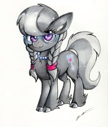 Size: 2063x2429 | Tagged: safe, artist:luxiwind, character:silver spoon, species:earth pony, species:pony, braid, chest fluff, cloven hooves, cute, female, filly, glasses, looking at you, silverbetes, solo, traditional art, unshorn fetlocks