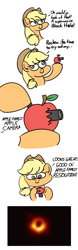 Size: 1000x3209 | Tagged: safe, artist:ashtoneer, character:applejack, species:earth pony, species:pony, apple, black hole, camera, comic, dialogue, female, food, hoof hold, mare, messier 87, quality, simple background, solo, white background
