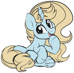 Size: 1024x1009 | Tagged: safe, artist:kellythedrawinguni, oc, oc only, oc:kelly, species:pony, species:unicorn, cute, female, grin, hoof on chin, looking at you, mare, ocbetes, open mouth, simple background, smiling, solo, transparent background, underhoof