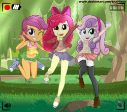Size: 900x791 | Tagged: dead source, safe, artist:charliexe, character:apple bloom, character:scootaloo, character:sweetie belle, species:pegasus, species:pony, my little pony:equestria girls, adorabloom, alternate costumes, alternate outfits, belly button, bow, breasts, camera shot, clothing, converse, cute, cutealoo, cutie mark crusaders, diasweetes, female, grass, hair bow, legs, looking at you, midriff, miniskirt, one eye closed, open mouth, panties, pink underwear, pleated skirt, ribbon, schrödinger's pantsu, shoes, skirt, skirt lift, skirtaloo, smiling, socks, tank top, thigh highs, thighs, tree, underwear, upskirt, wink, zettai ryouiki