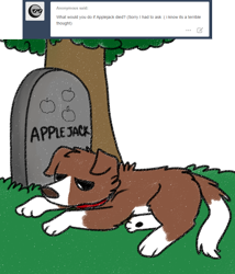 Size: 800x933 | Tagged: safe, artist:askwinonadog, character:winona, species:dog, ask, ask winona, female, gravestone, implied applejack, implied death, lying down, sad, simple background, solo, tumblr, white background