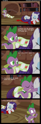 Size: 1112x3333 | Tagged: dead source, safe, artist:veggie55, character:rarity, character:spike, species:dragon, species:pony, species:unicorn, ship:sparity, blanket, comic, female, golden oaks library, interspecies, male, mare, prone, shipping, straight