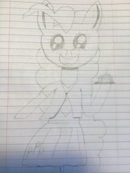 Size: 2448x3264 | Tagged: safe, artist:rainbow dash is best pony, character:pinkie pie, species:pony, clothing, cupcake, cute, diapinkes, female, food, hoof hold, lineart, lined paper, monochrome, open mouth, pencil drawing, solo, traditional art