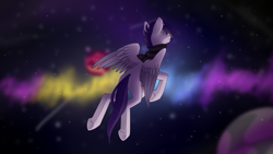 Size: 3840x2160 | Tagged: safe, artist:chibadeer, oc, oc only, oc:vylet featherdance, species:pegasus, species:pony, abstract background, bracelet, ear piercing, glasses, homeward (album), jewelry, male, piercing, rear view, solar system, solo, space, spread wings, stallion, starship ponyville, vylet pony, wings