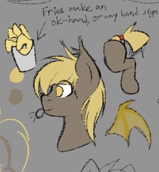 Size: 885x957 | Tagged: safe, artist:codras, oc, oc:celldad?, species:bat pony, species:pony, blep, food, french fries, male, reference sheet, solo, stallion, tongue out