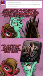 Size: 912x1602 | Tagged: safe, artist:hewison, character:lyra heartstrings, character:rainbow dash, oc, oc:pun, species:pony, ask pun, ask, hand, implied fourth wall break, keyboard, painting