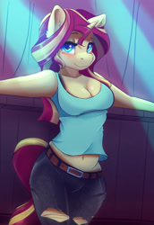 Size: 2200x3200 | Tagged: safe, artist:ardail, character:sunset shimmer, species:anthro, species:unicorn, g4, belly button, blushing, breasts, cleavage, clothing, concert, eyebrows, female, jeans, looking at you, mare, midriff, pants, ripped jeans, solo, stage, tank top, three quarter view