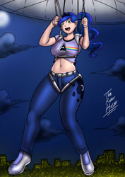 Size: 1414x2000 | Tagged: safe, artist:dakuroihoshi, character:princess luna, species:human, belly button, breasts, busty princess luna, city, cityscape, clothing, cloud, cutie mark clothes, humanized, jeans, midriff, moon, night, pants, parachute, pink floyd, shirt, short shirt, skydiving, t-shirt, the ass was fat, the dark side of the moon